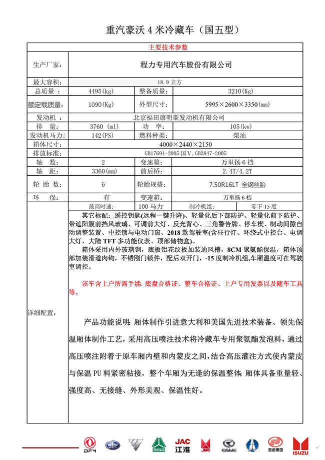 重汽豪沃4米冷藏車(圖1)